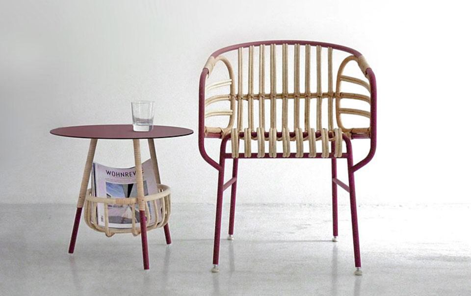 Stuhl "Raphia Chair" verbindet lackiertes Metall mit Weidengeflecht