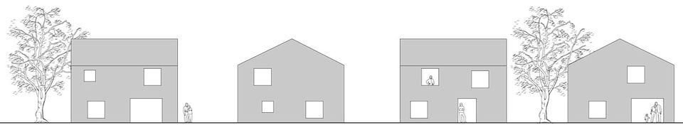 Fünf unterschiedlich große Öffnungen (drei Fenster, eine Terrassen- und eine Haustür) gestalten den Baukörper je nach Bedarf.