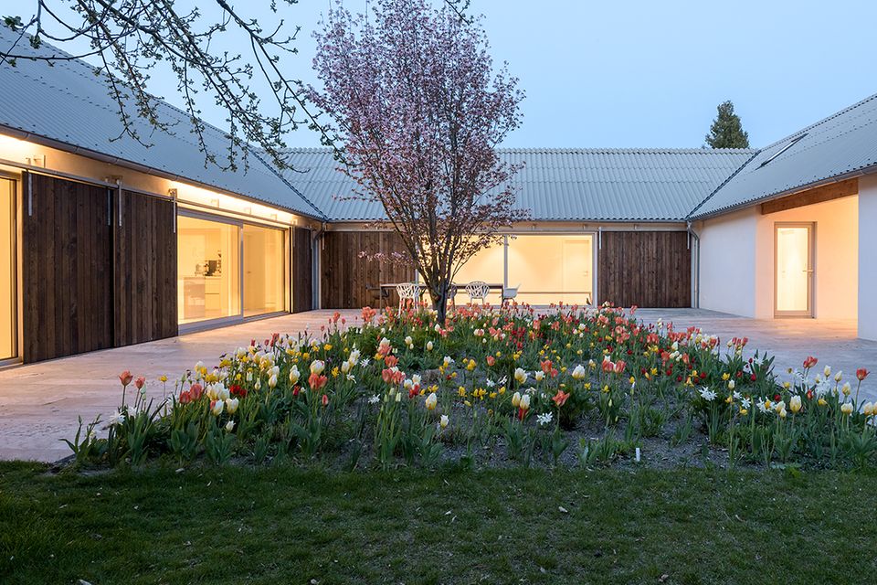 Reduzierter Neubau mit grünem Innenhof: Garten im Hof