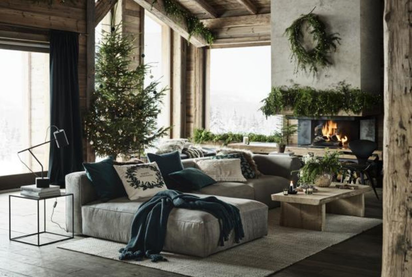 Weihnachten mit Hütten-Romantik - dekoriertes Wohnzimmer mit offener Feuerstelle