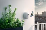 Balkon mit Nistkasten von Eva Solo an der Wand und einem darauf zufliegenden Vogel