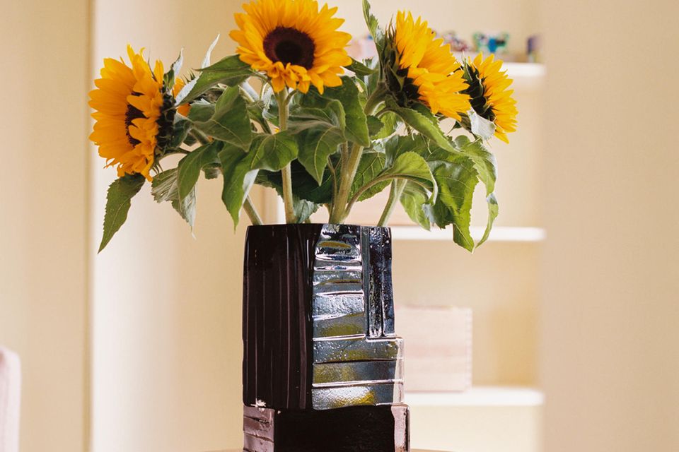Bunte Tulpen üppig in einer Vase gesteckt auf einem Hocker