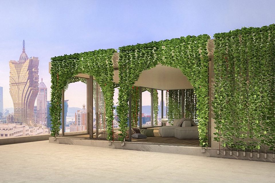 Die Pflanzenvorhänge "Bio Blinds" von The green Skyline Innitiative - hier visualisiert als Begrünung eines loftartigen Gebäudes auf einer Dachterrasse. Die Pflanzenvorhänge "Bio Blinds" von The green Skyline Innitiative - hier visualisiert als Begrünung eines loftartigen Gebäudes auf einer Dachterrasse.