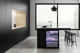 Biofarmgerät "Agrilution" in einer schwarzen Küche mit großer Fensterfront