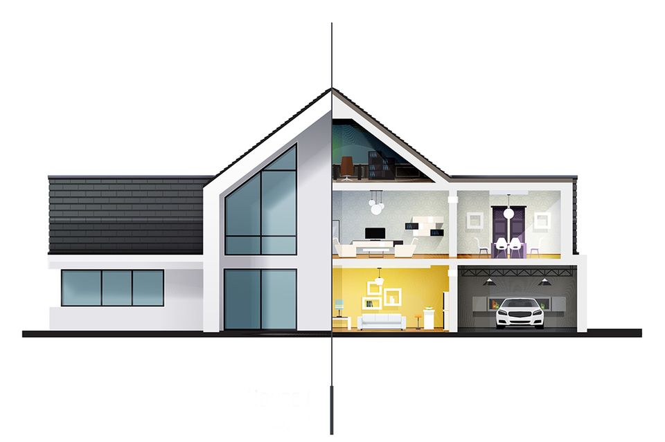 Illustration und Querschnitt eines Einfamilienhauses.