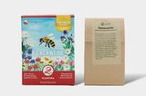 Verpackung (vorn und hinten) der Saatgutmischung "Bienenweide" von Plantura