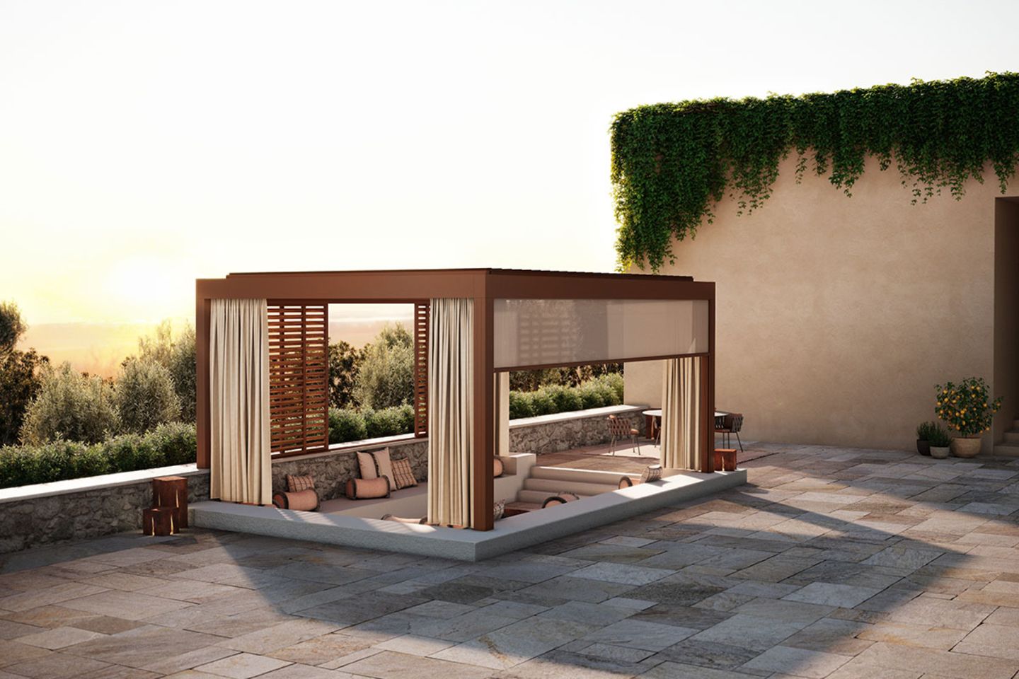 Das Terrassendach-Modell „Earth Oasis“ aus der Outdoor-Living-Serie von Renson