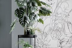 Beistelltisch "Twist" von der SCHÖNER WOHNEN-Kollektion mit einer großen Zimmerpflanze vor einer tapezierten Wand