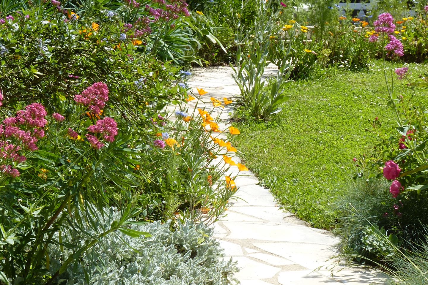 Gebogener Gartenweg aus Natursteinplatten