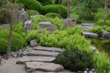 Trittsteine führen zum Teehaus im japanischen Garten