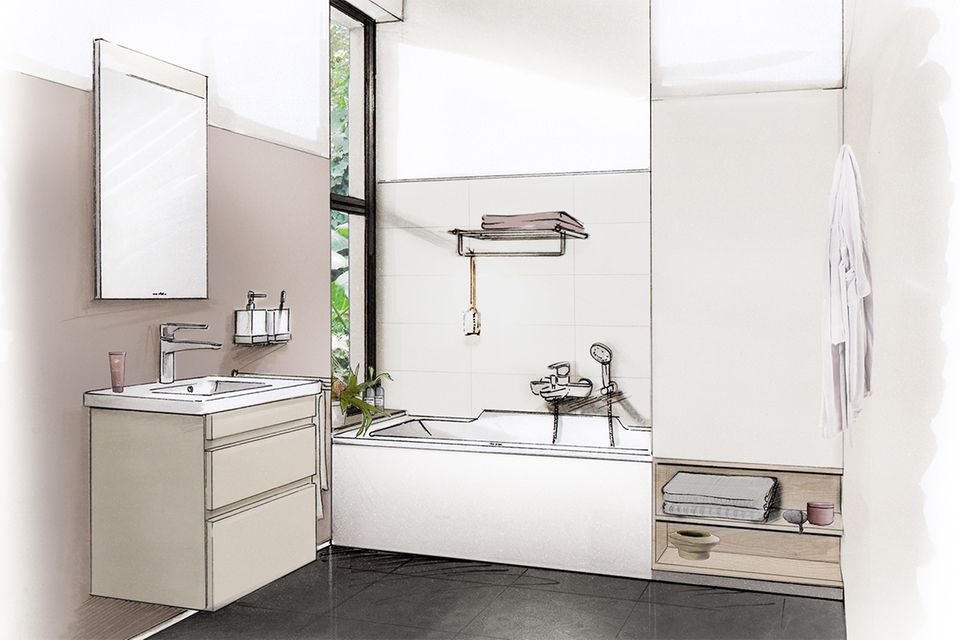 Illustration eines Badezimmers mit Waschtisch und Badewanne