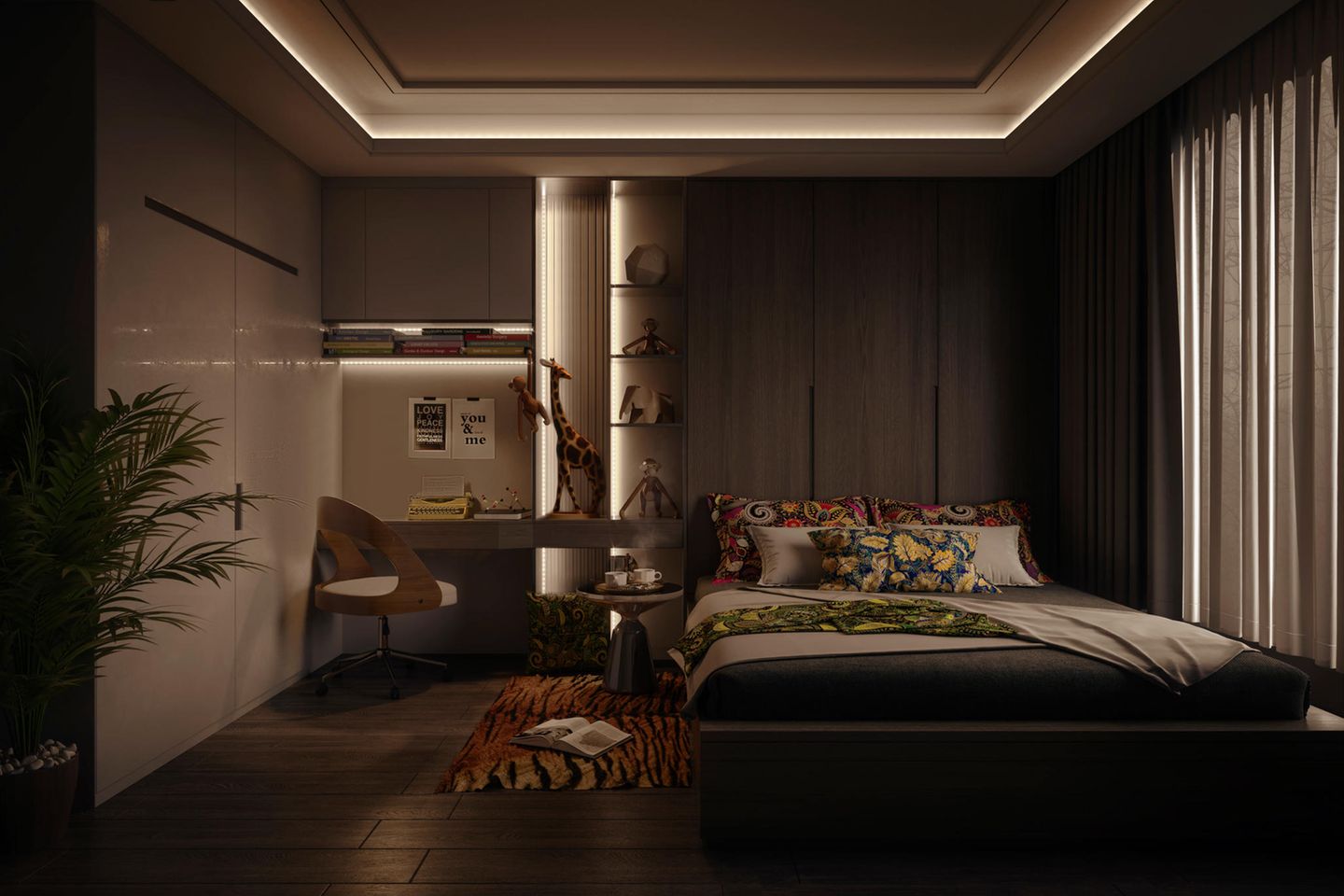Schlafzimmer mit atmosphärischer Beleuchtung via Lightstrips