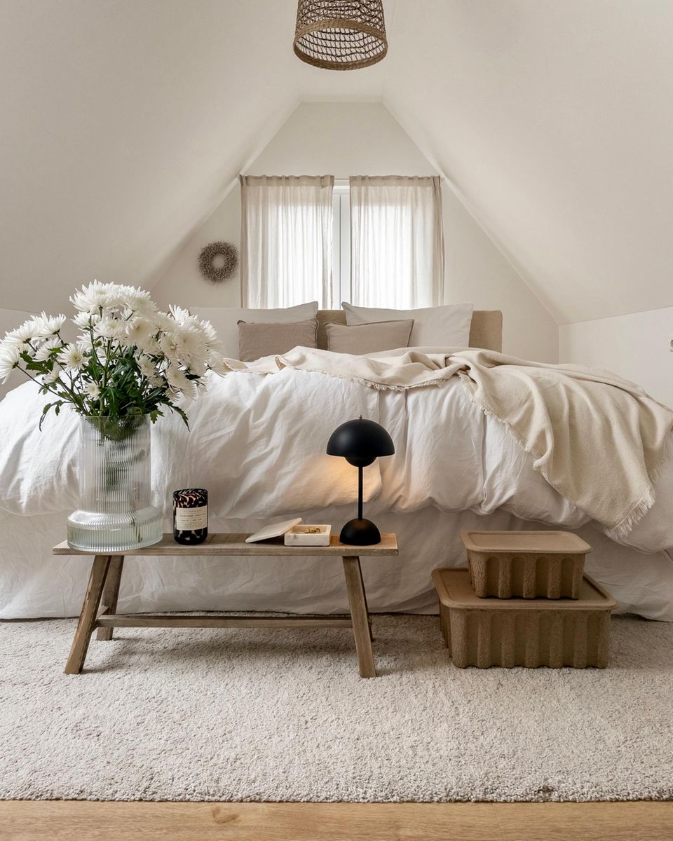 Weißes Schlafzimmer mit kleinem Bänkchen und einem Strauß Blumen