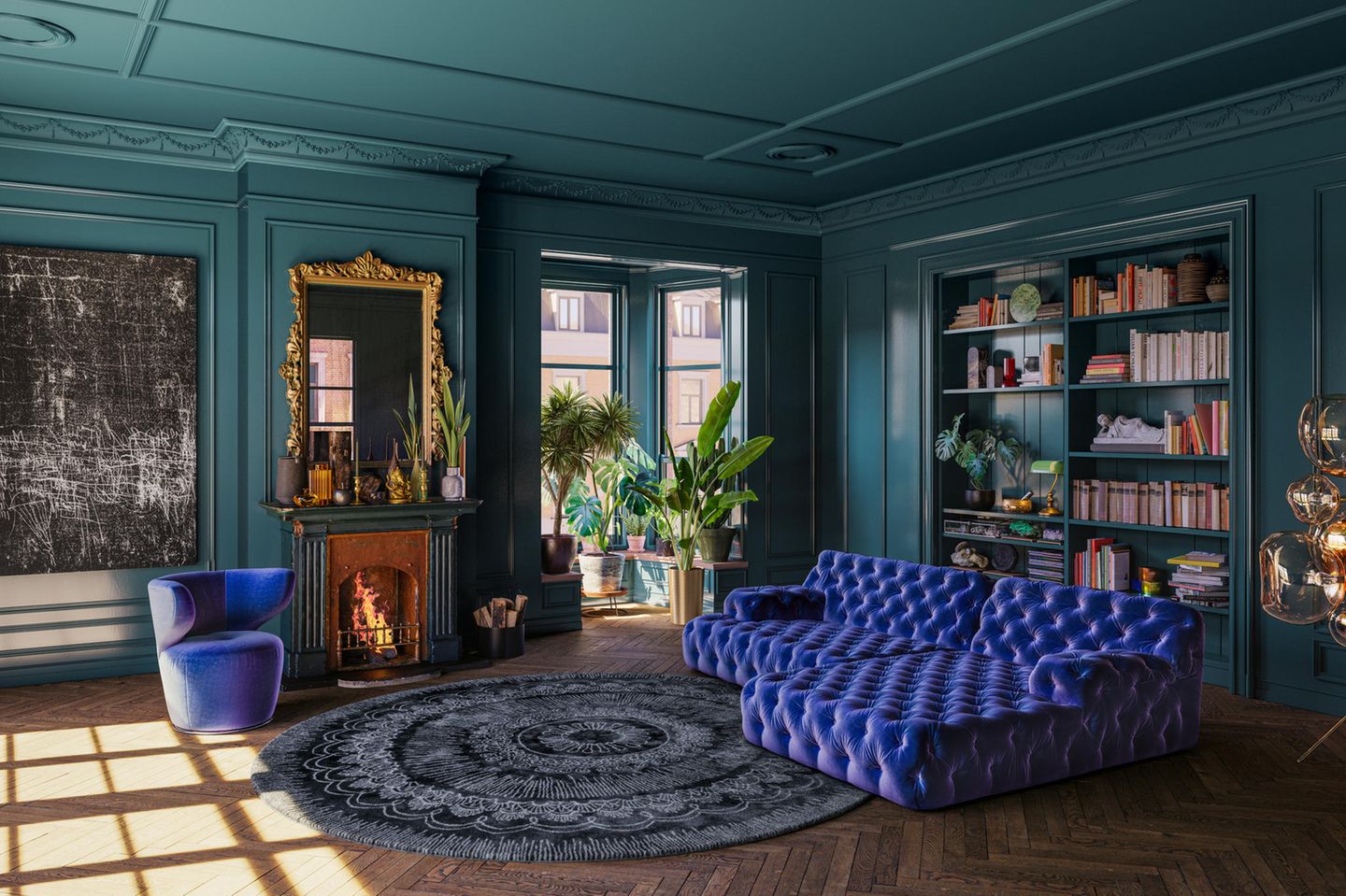 Modernes, in Petrol gestrichenes Luxus-Wohnzimmer mit Parkett, Kamin, einem blauen XXL-Sofa, Pflanzen und einer Bücherwand