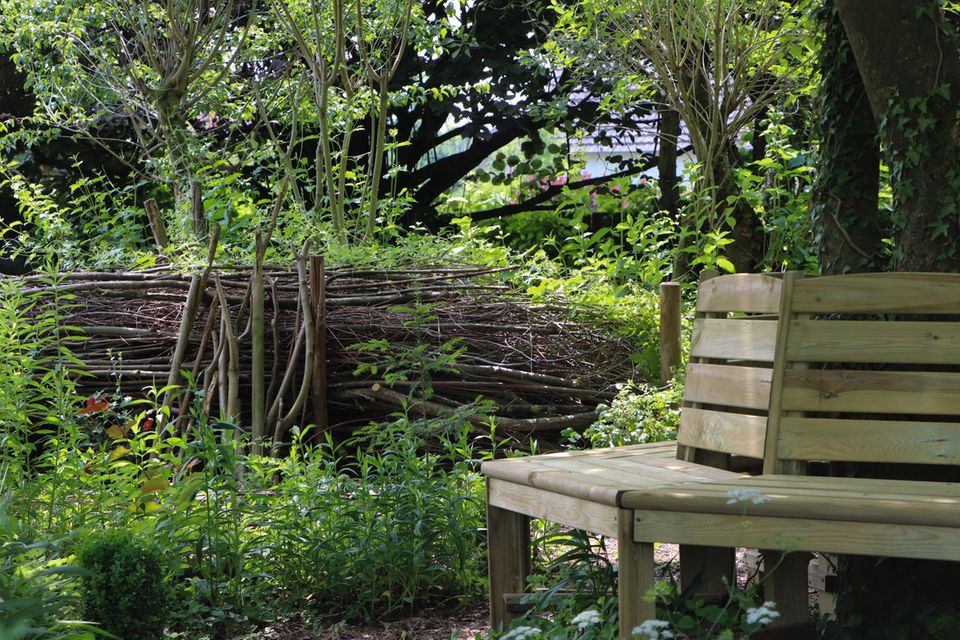 Aufgeschichtete Benjeshecke in einem wuchernden Naturgarten hinter einer Holzbank