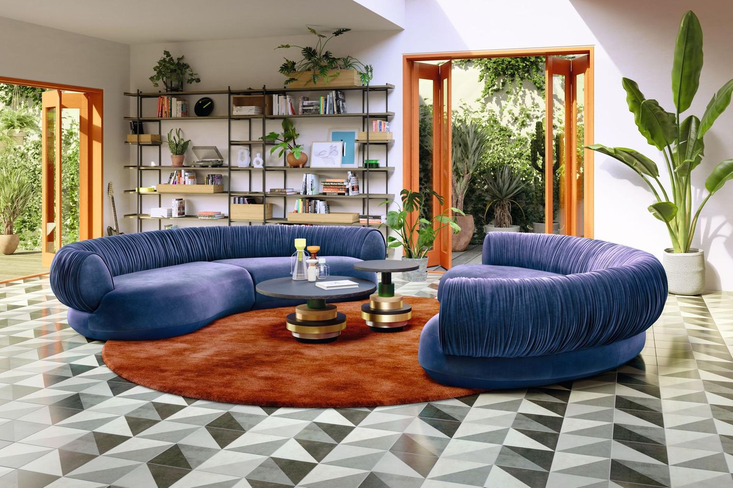 Gegenüberliegende Sofas als Raumteiler in großen Wohnzimmern