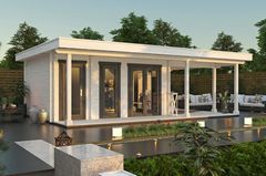 Weißes Gartenhaus mit überdachter Terrasse