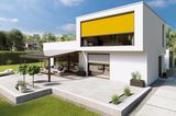 Fenstermarkise von Markilux in gelb an einem modernen Flachdachhaus