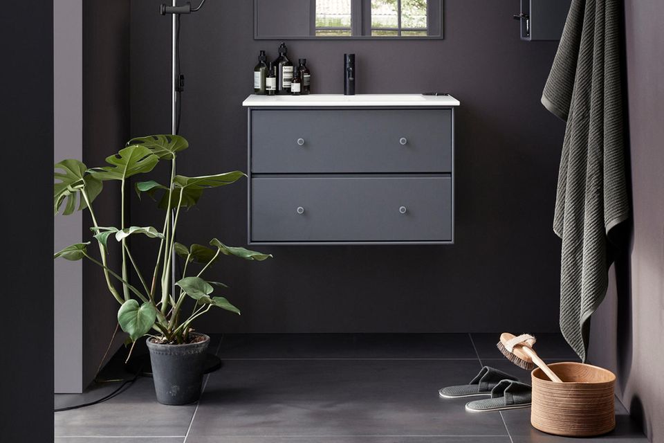 Badezimmer in Aubergine und Schwarz mit einem wandhängenden Waschtisch und einer Monstera-Zimmerpflanze im Vordergrund