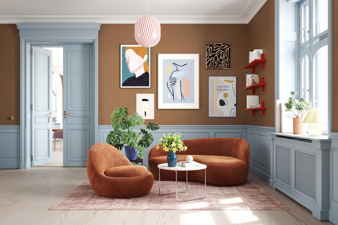 Polstergarnitur von Sofacompany in einem Altbauwohnzimmer mit brauner Wand und hellblauen Holzelementen
