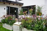 Sitzecke mit Tischdecke auf einer Terrasse mit Sichtschutz durch Pflanzenkübel