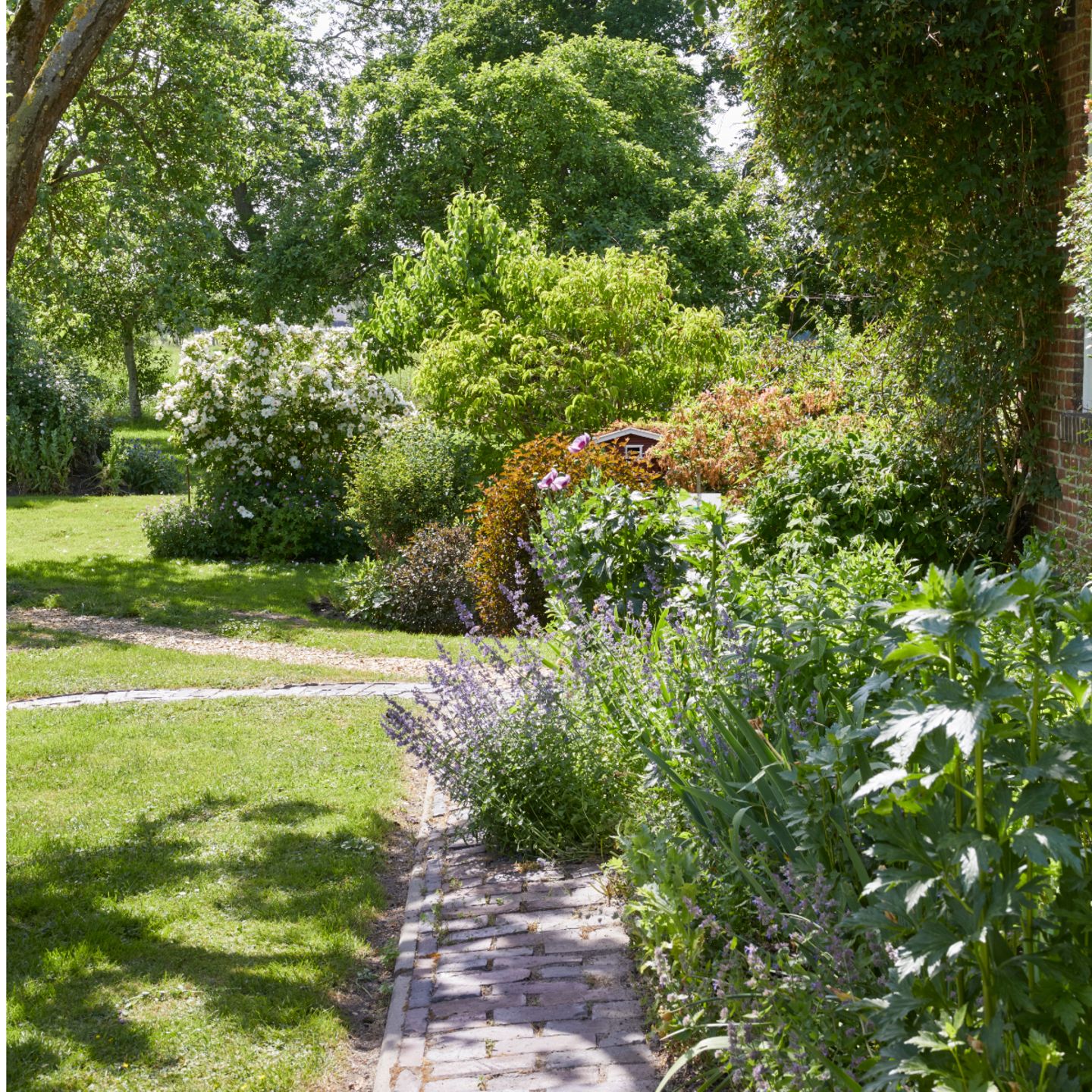 Gartenweg aus alten Ziegelsteinen führt durch den Garten