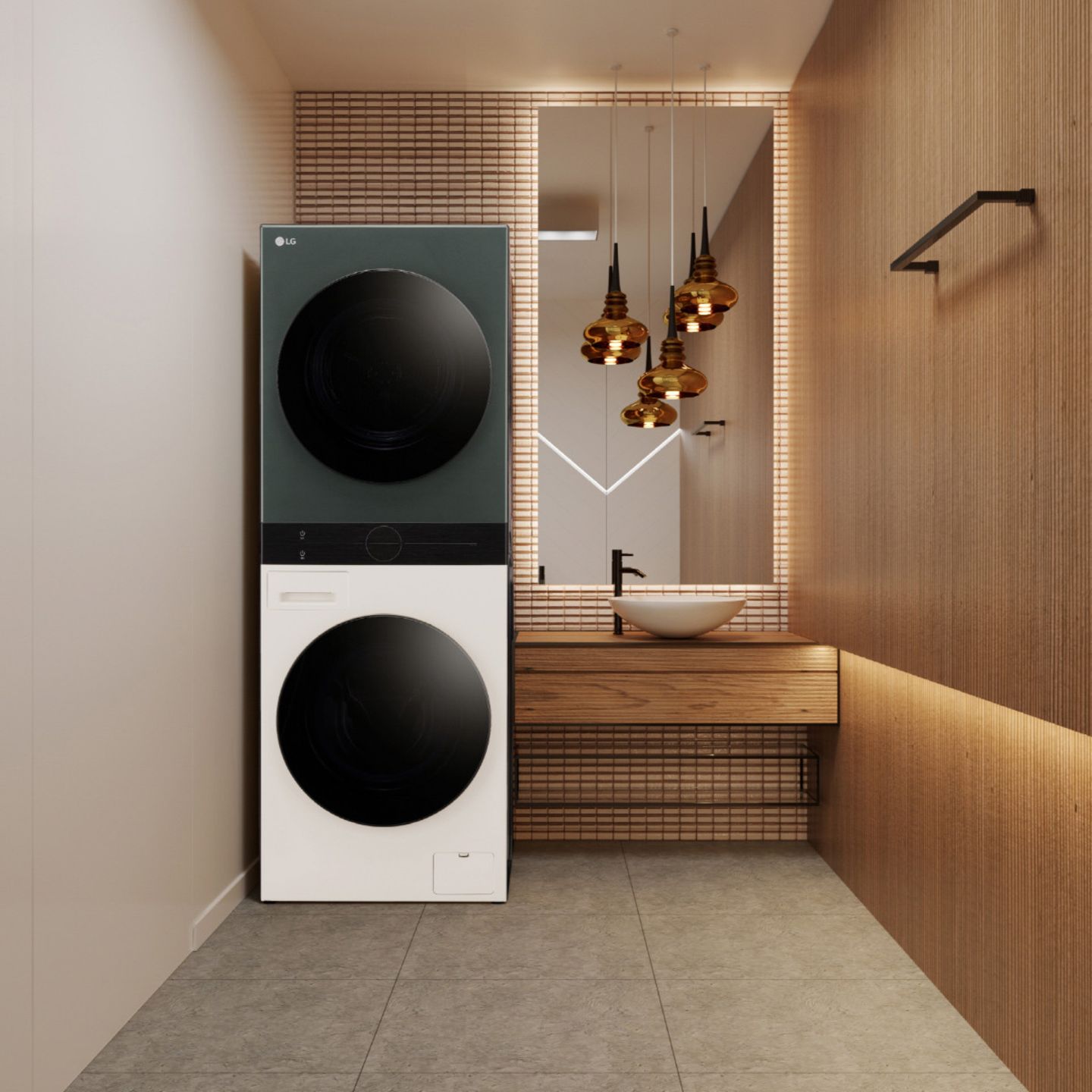 Schmales Badezimmer mit dem "Washtower Compact" von LG links vom Waschtischschrank