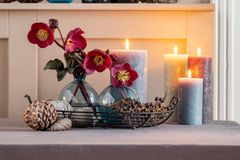 Verschiedene Vasen in blauem Glas mit roten Christrosen und Kerzen dekoriert auf einer Kommode