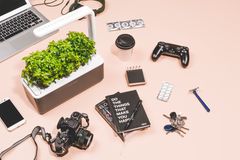 Schreibtisch mit schwarzen Accessoires und Smart Garden mit Kräutern