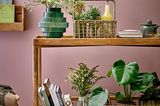 Schlichtes Holzregal mit Blumendeko in Vasen, Zimmerpflanzen und Bücherstapel vor altroséfarbener Wand