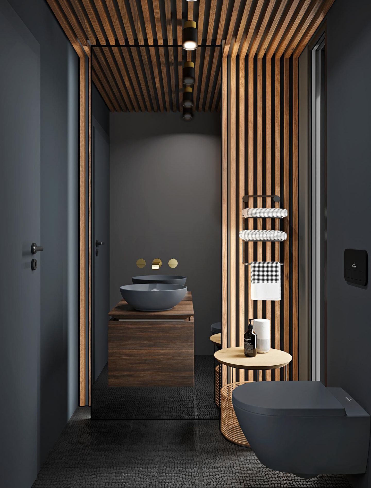 Kleines Badezimmer in Schwarz und Grau mit Holzelementen und schwarzer Badkeramik