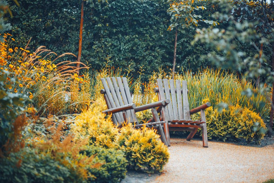 Sitzecke mit gelben Gräsern und gelb blühenden Blumen