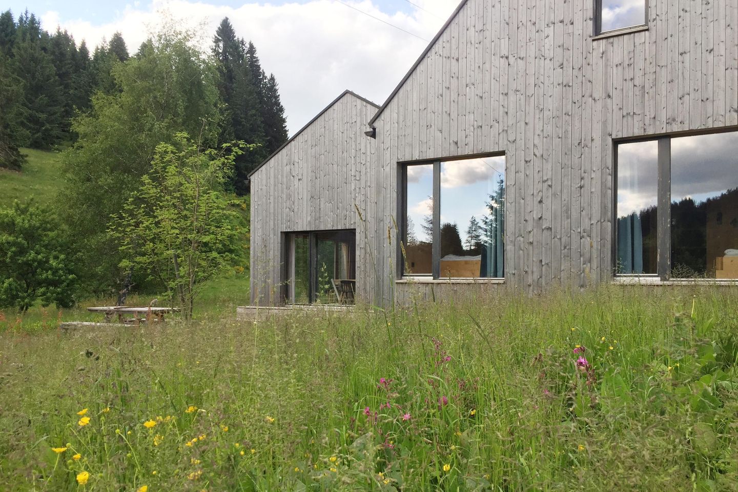Haus mit grauer Holzfassade in der Natur