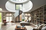 Deckenhohe Bücherregale stehen in einem großen Wohnzimmer mit Wendeltreppe und Dachfenster