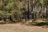 Eine mobile schwarze Sauna steht auf Holzstämmen in einem Wald