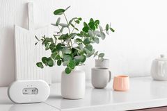 Kommode mit kleinen Vasen, einer Tasse und dem Raumluftsensor "Airthings View Plus"