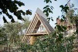 Nurdachhaus aus Holz inmitten von Wald und Weinbergen